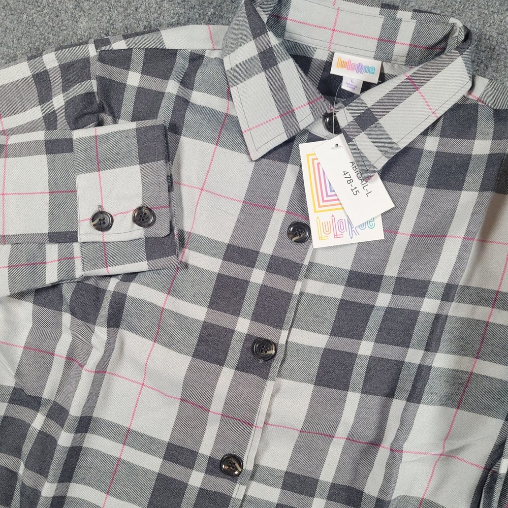 LuLaRoe Abigail Button‎ Down Tunic Women Large Grey Black Plaid Long Sleeve Top